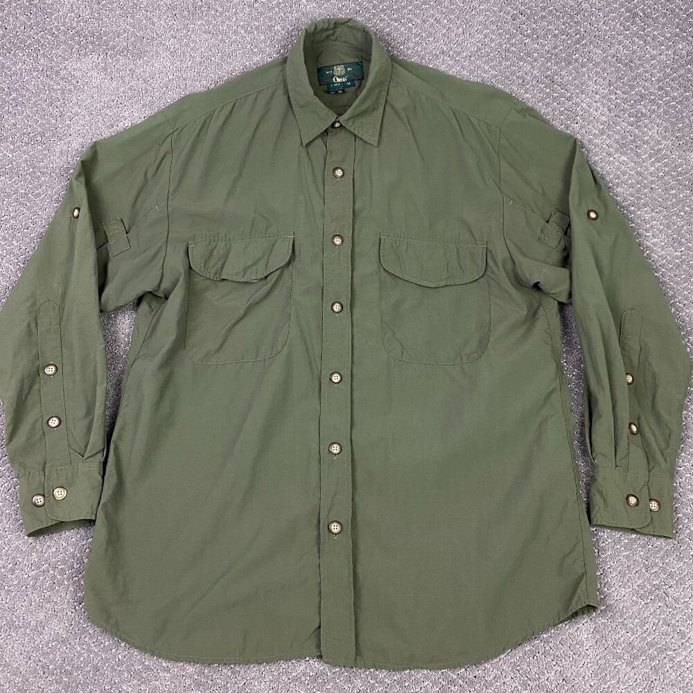 Vintage Orvis Button Down Shirt men's Medium Olive Green Nylon Fishing Roll Tab